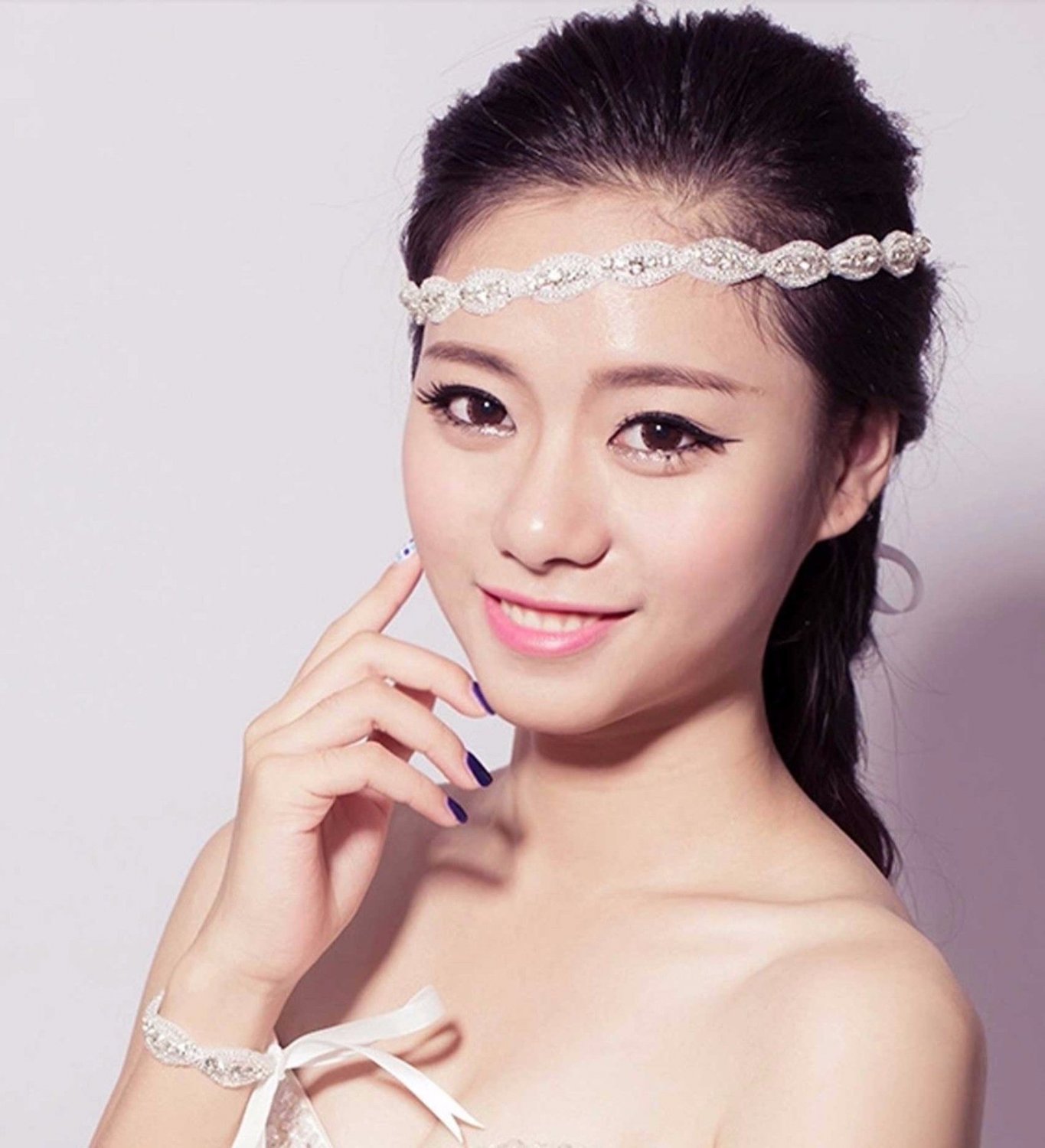 2 Items Wedding Rhinestone Crystal Ribbon Hair Bun Headband