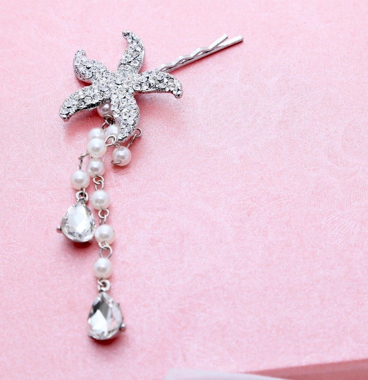Wedding Rhinestone Starfish Crystal Star Gold Hair Clip Pearl Drop