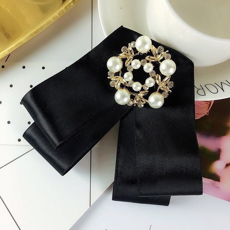 Black Ribbon Gold Leaf Tie Women Accessories Bow Collar Fashion Brooch Pin