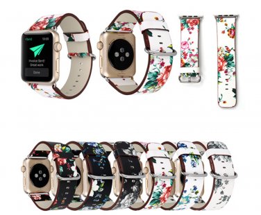 Apple Watch Flower Pattern Leather Stripe Bracelet Wristwatch iWatch Watch Band