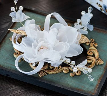 White Organza Flower Crystal Beads Faux Pearl Leaf Gold Wedding Hair Clip