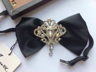 Black Ribbon Wedding Groom Men Aurora Dangle Rhinestone Pre Tied Bow Tie