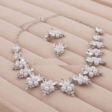Wedding White Pearl Rhinestone Crystal Bridal Necklace Earrings Post Set