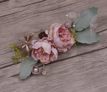 Pink Rose Flower Clip Wedding Hair Head Clip Gold Dragonfly Headpiece