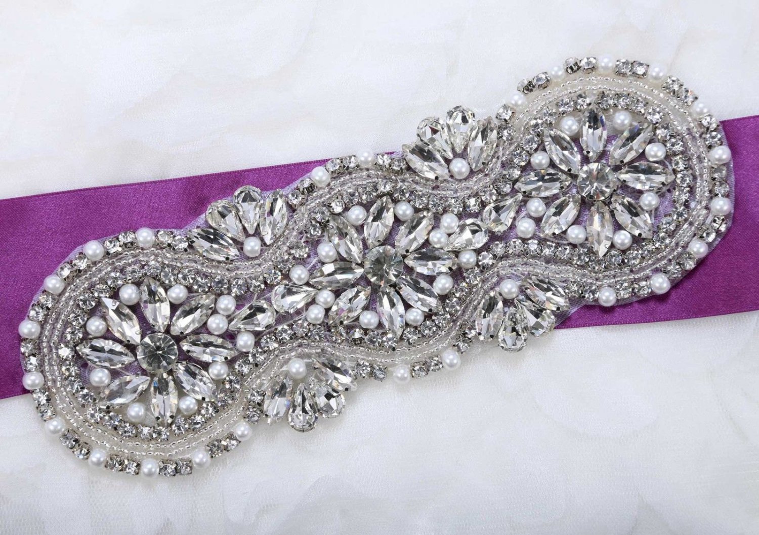 Classic Flower Rhinestone Crystal Beaded Faux Pearl Bridal Wedding Iron Applique