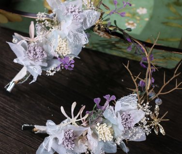 Purple Flower Tiara Lace Dragonfly Woodland Vine Headpiece Wedding Hair Clips