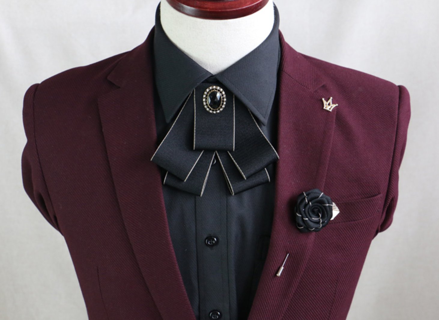 2 Items - Set of Wedding Men Pre Tied Bow Black Tie & Boutonniere Brooch Pin