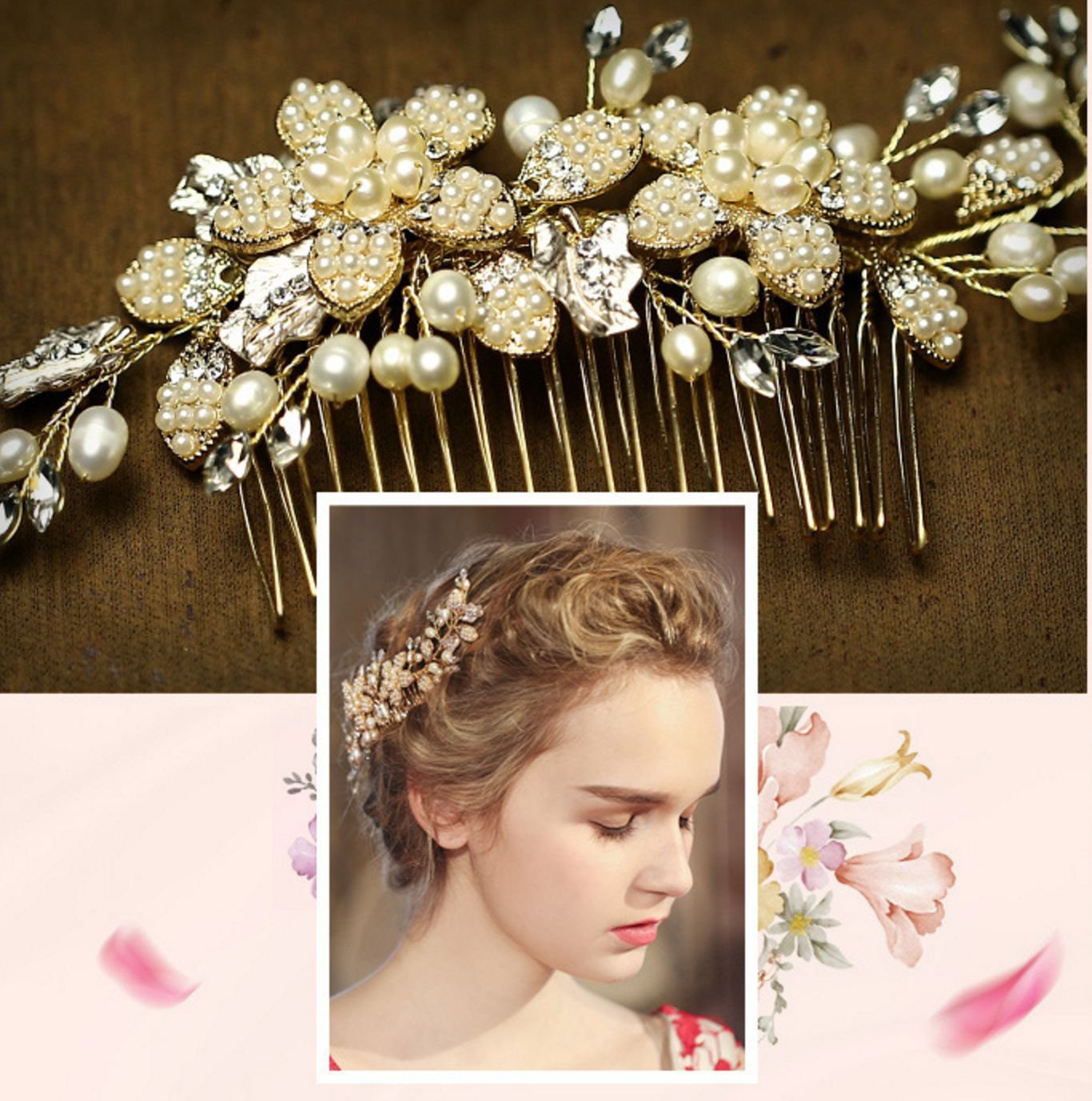 Gold Pearl Flower Bridal Wedding Bride Rhinestone Crystal Tiara Hair Comb