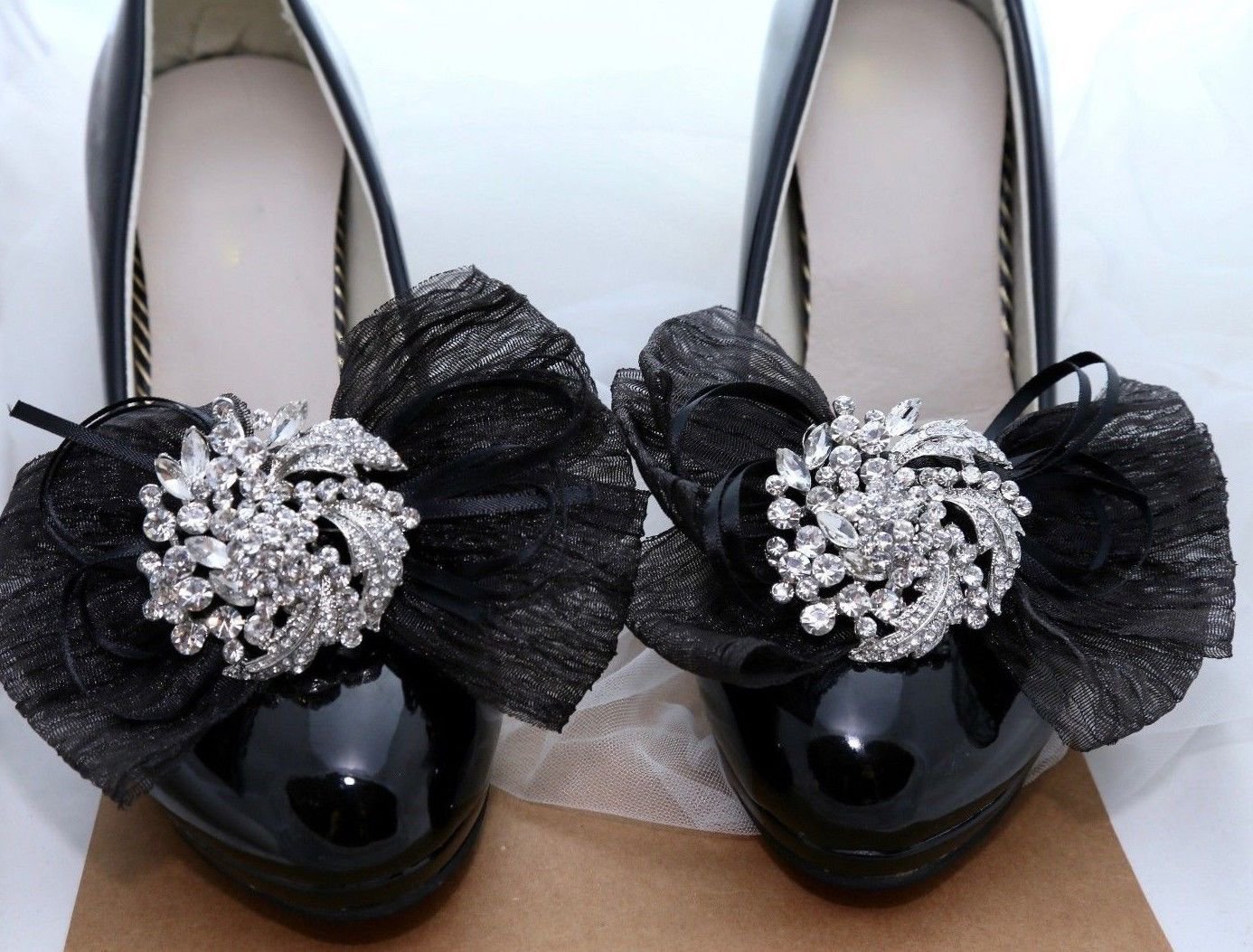 2 pcs - Fashion Rhinestone Crystal Black Organza Bow Flower Wedding Shoe Clips