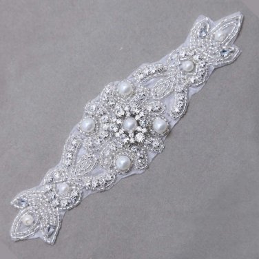 Ivory Faux Pearl Rhinestone Crystal Wedding Dress Sash Applique Belt Decoration