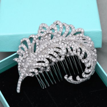 Bridal Clear Rhinestone Crystal Silver Tone Vintage Feather Wedding Hair Comb