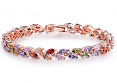 Color Zirconia Leaf Gold Plated Wedding Bridal Bangle Bracelet Jewelry
