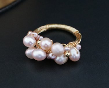 Wedding Fashion Crystal Stone Genuine Natural Pink Freshwater Pearl Gold Ring