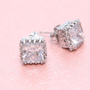 White Platinum Plate Cubic Zirconia Zircon Crystal Silver Stud Post Earrings