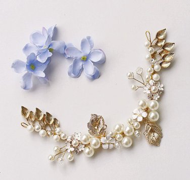 Flower Vintage Pearl Crystal Headpiece Gold Leaf Hair Accessories Wedding Tiara