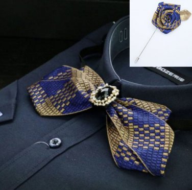Wedding Men Blue Gold Checks Pre Tied Bow Tie Necktie With Matching Flower Pin