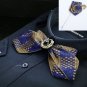 Wedding Men Blue Gold Checks Pre Tied Bow Tie Necktie With Matching Flower Pin