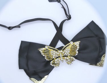 Gold Butterfly Rhinestone Crystal Pre Tied Black Bow Tie Neck Tie Brooch Pin