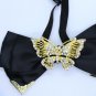 Gold Butterfly Rhinestone Crystal Pre Tied Black Bow Tie Neck Tie Brooch Pin