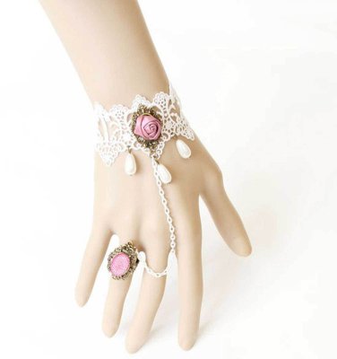 Pink Rose Flower White Lace Faux Teardrop Pearl Slave Ring Bracelet Jewelry