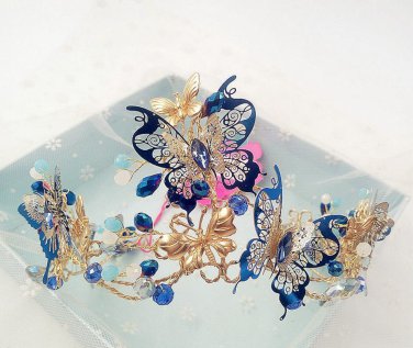 Blue Butterfly Crystal Flower Wedding Bridal Crown Tiara Hair Accessories