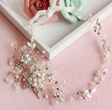 Ivory Pearl Flower Bridal Rhinestone Crystal Leaf Silver Hair Wedding Tiara