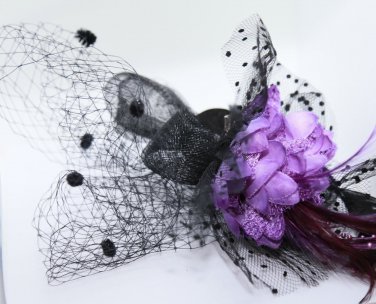 Wedding Bridal Purple Flower Black Net Veil Clip Hair Fascinator
