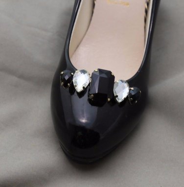Teardrop Black Rhinestone Crystal Gold Base Fashion Shoe Clips Charms Pair
