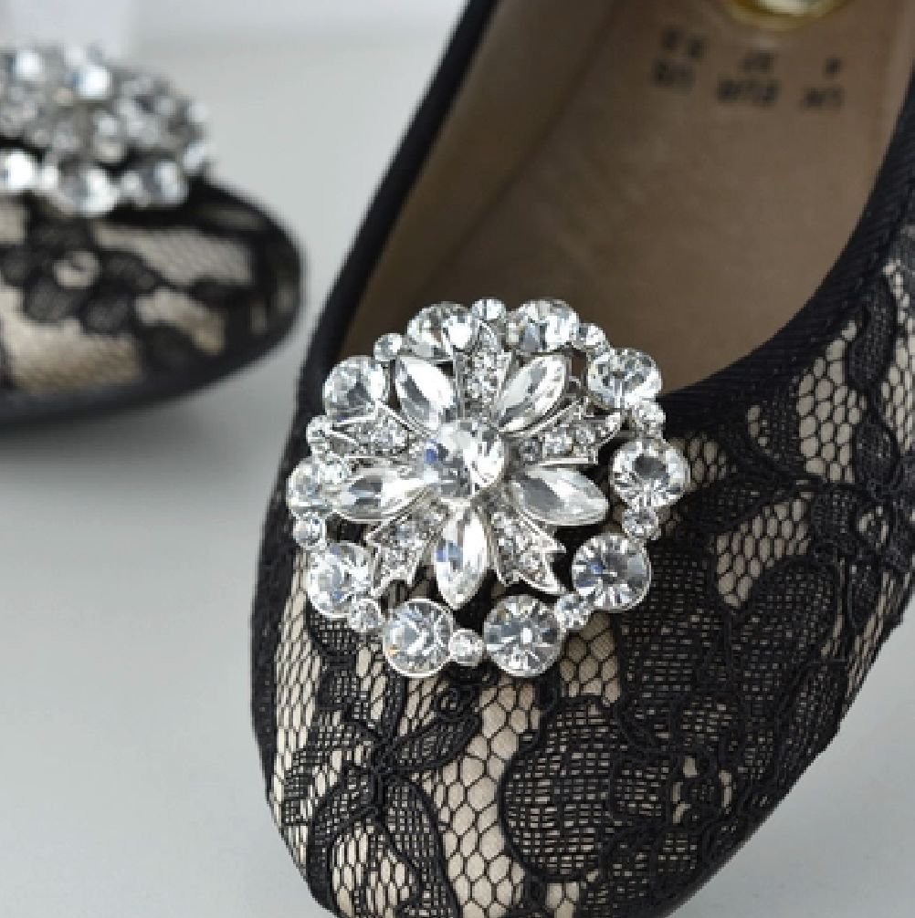2 Pcs x Round Flower Rhinestone Crystal Wedding Bridal Shoe Clips Pair