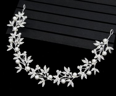Wedding Rhinestone Headpiece Crystal Pearl Leaf Bridal Hair Tiara