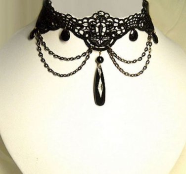 Black Lace Tattoo Dangle Chain Black Beads Fibre Choker Necklace