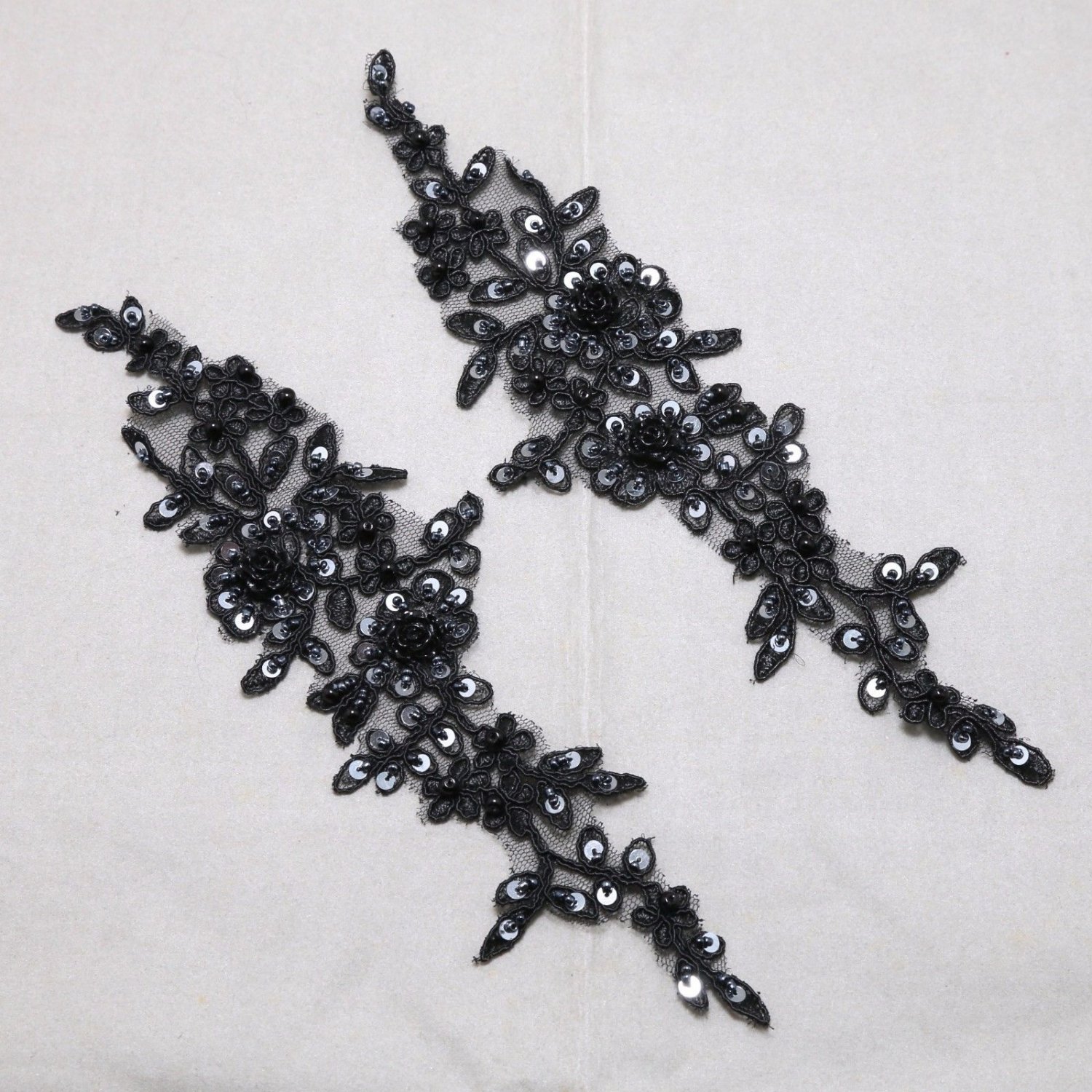 1 Pair Pearl Beaded Lace Flower Motif Black Sewing Floral Beaded Applique