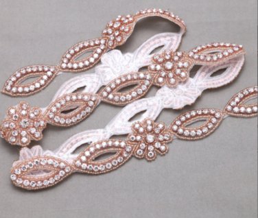 1 Yard Flower Rose Gold Beaded Crystal Rhinestone Bridal Headband Applique Trim