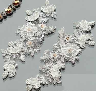 1 Pair Cream Wedding Butterfly Gold Flower Floral Rhinestone Lace Applique