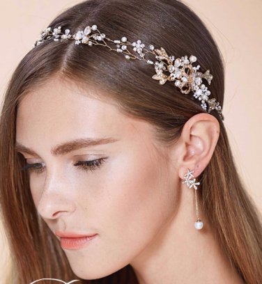 Rhinestone Crystal Flower Pearl Gold Wedding Bridal Hair Headband Tiara