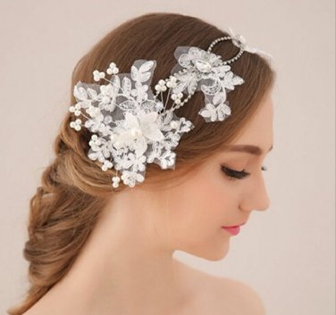 Rhinestone Crystal Pearl Hair Wedding Lace Flower Headpiece Headband Tiara