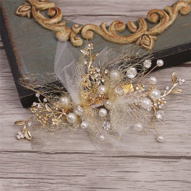 Rhinestone Hair Crystal Flower Pearl Gold Hair Clip Net Bridal Fascinator