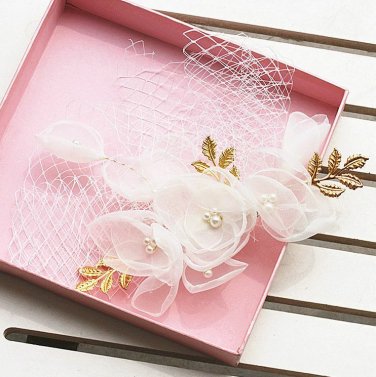 Wedding Ivory Flower Gold Leaf Hair Faux Pearl Blusher Net Hair Clip
