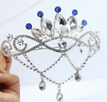 Blue Rhinestone Crystal Bridal Hair Chain Princess Wedding Crown