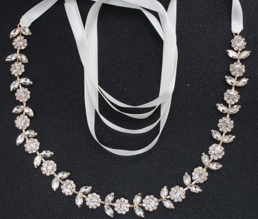 Wedding Dress Gown Gold Leaf Rhinestone Crystal Bridal Sash Belt