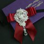Wedding Party Men Pre Tied Bow Tie Rhinestone Crystal Dangle Brooch Pin Clip