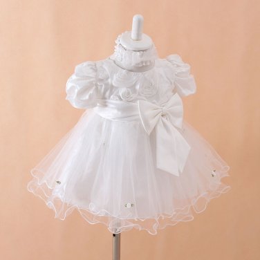 Cream White Wedding Baby Shower Rose Lace Dress & Baby Girl Headpiece Band 3M/6M
