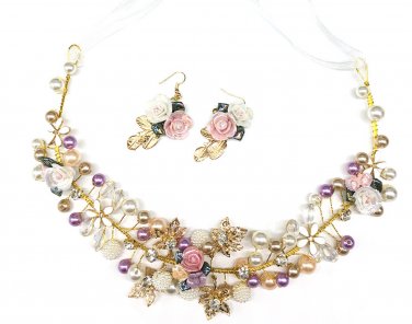 Wedding Pink Rose Flower Crystal Gold Tiara Headpiece Hair Piece Earrings Set