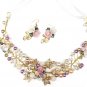 Wedding Pink Rose Flower Crystal Gold Tiara Headpiece Hair Piece Earrings Set