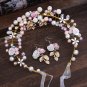 Wedding Pink Rose Flower Crystal Gold Tiara Headpiece Hair Piece Earrings Set