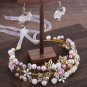Wedding Pink Rose Flower Crystal Gold Tiara Headpiece Hair Piece Earrings Set