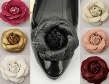 2 Pcs Rose Flower Buds Wedding Fashion Sandals Black Faux Leather Shoe Clips