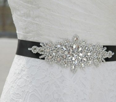 Rhinestone Crystal Bridal Prom Dress Gown Sash Black Ribbon Wedding Belt 1.5"