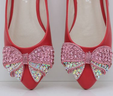 2 Pcs Rhinestone Crystals Wedding Pink Bow Shoe Decoration Clips Bridal Jewelry