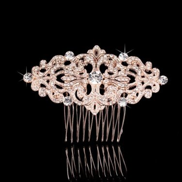 Rose Gold Wedding Rhinestone Crystal Headpiece Hair Comb Vintage Jewelry